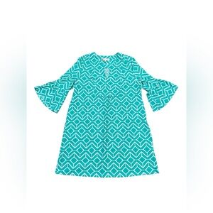 JUDE CONNALLY women’s teal/aqua and white KERRY geo print dress bell sleeves MED